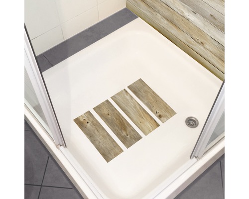 Receveur de douche avec autocollants aspect bois pour le fond de douche