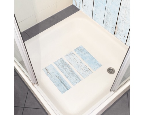 Douche avec cabine de douche et tapis de douche aspect bois