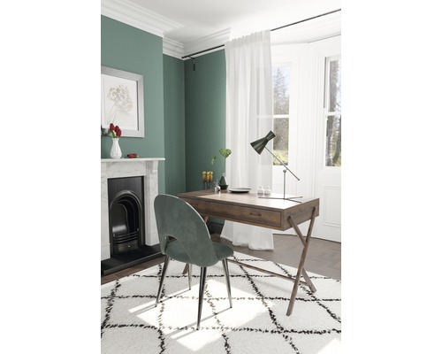 Ein Arbeitszimmer mit Schreibtisch, Stuhl und weißem Teppich