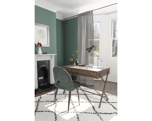 Einrichtungsbeispiel: Arbeitszimmer mit Schreibtisch, Stuhl, Lampe, Teppich und Dekoration in einem Raum mit Kamin.