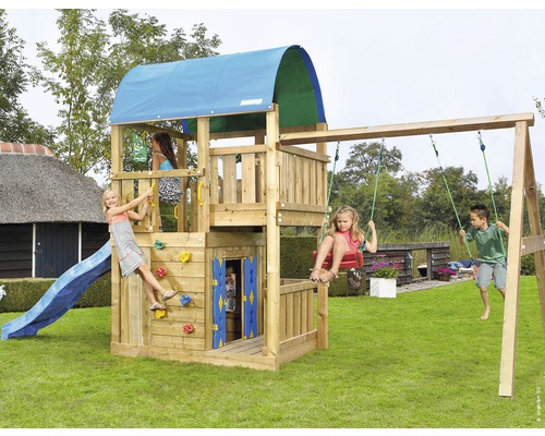 Tour de jeux Jungle Gym Farm en bois avec cabane de jeux, balançoire double, toboggan de couleur bleue