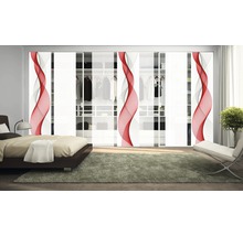 Chambre à coucher avec armoire à portes coulissantes et éléments décoratifs abstraits