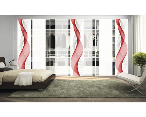 Chambre à coucher avec armoire à portes coulissantes et éléments décoratifs abstraits
