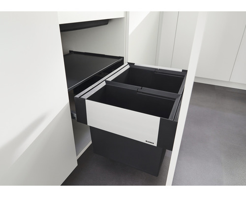 "Système de tri des déchets à monter dans un meuble de cuisine avec deux bacs et un compartiment supplémentaire 