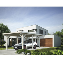 Modernes Haus mit Carport und geparktem Auto