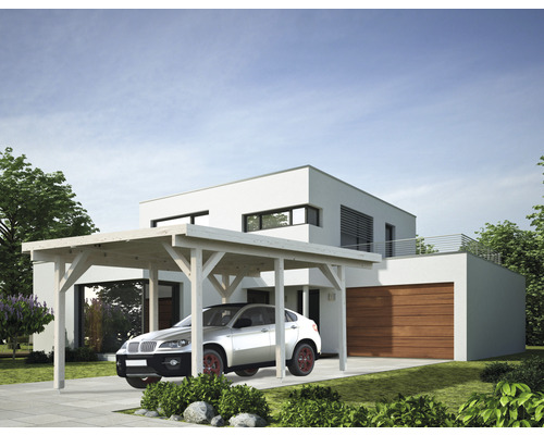 Carport simple Palmako Karl 11,7 m² 360x512 cm apprêt par immersion Maison moderne avec abri de voiture et voiture garée