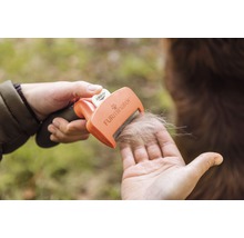 Brosse d''épilation pour chiens et chats avec poils de chien dans la main