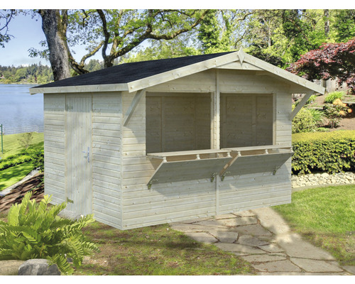 Stand de marché Palmako Stella 8,2 m² 361 x 320 cm naturel Abri de jardin en bois avec porte et deux fenêtres à battants dans le jardin