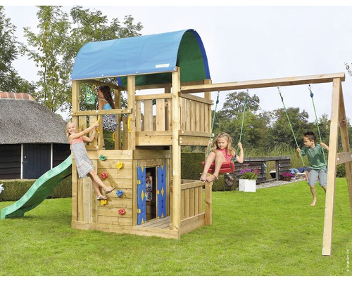 Tour de jeux Jungle Gym Farm en bois avec cabane de jeux, balançoire double, toboggan de couleur vert foncé