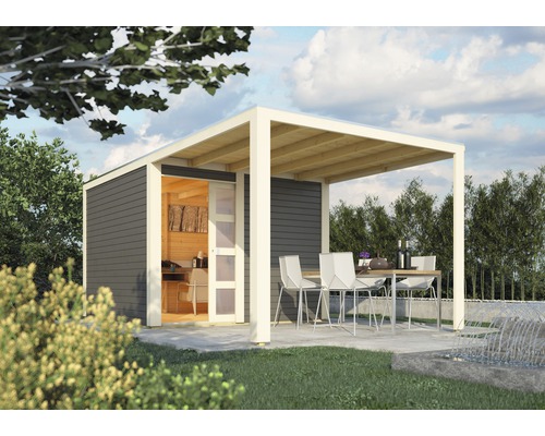 Holzgartenhaus mit überdachter Terrasse, Gartenmöbeln und modernem Design.