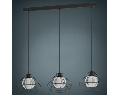 Hängeleuchte mit drei Leuchten, Drahtgestell und Glaskugeln