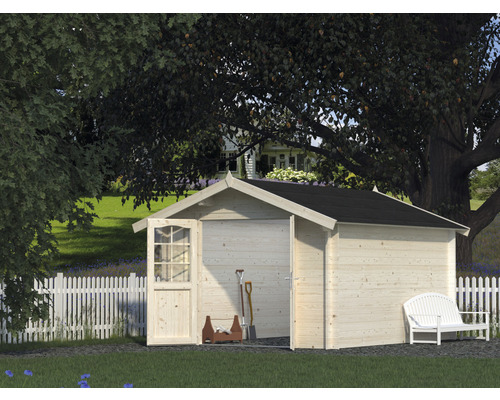 Abri de jardin Palmako Lotta 10,0 m² 331 x 430 cm naturel Abri de jardin en bois avec porte ouverte, outils et banc