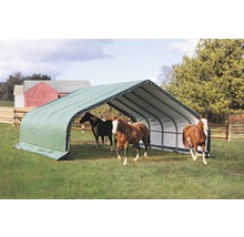 Abri pour chevaux avec trois chevaux dans un pré