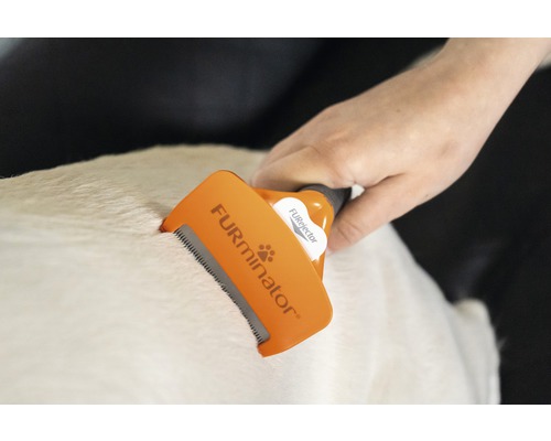 Une main utilise une brosse de toilettage Furminator sur la fourrure d''un animal.