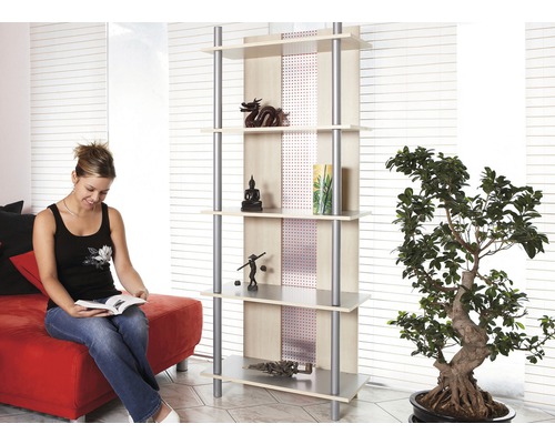 Regal mit Dekorationsgegenständen in einem Wohnzimmer, eine Frau sitzt auf einem Sofa und liest ein Buch.