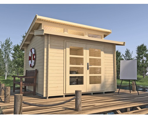 Abri de jardin en bois avec double porte, fenêtre, bouée de sauvetage, banc et chevalet sur une terrasse en bois