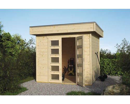 Blockbohlenhaus SKAN HOLZ Venlo mit Fußboden 290 x 290 cm natur Holzgartenhaus mit Doppeltür und Fenstern zur Aufbewahrung von Gartengeräten