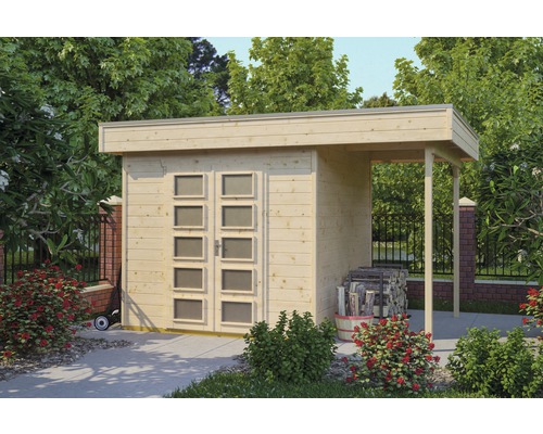 Abri de jardin en bois avec annexe et porte avec fenêtres dans un jardin.