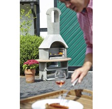 Barbecue en pierre avec nourriture dans le jardin et une personne au premier plan