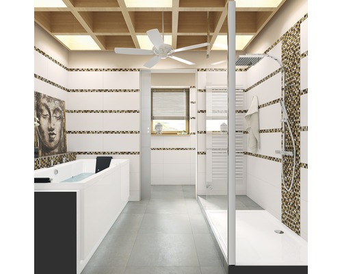 Salle de bain lumineuse avec baignoire, douche et ventilateur de plafond