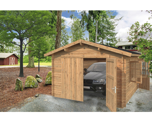 Garage simple Palmako Roger 19,0 m² avec porte en bois 360 x 550 cm apprêt par immersion marron