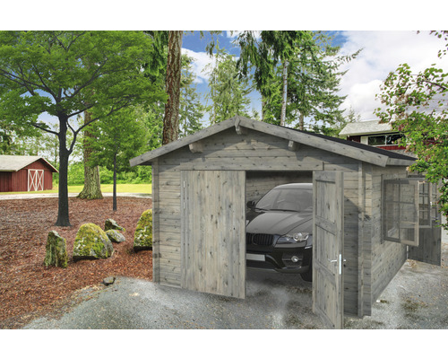 Garage simple Palmako Roger 19,0 m² avec porte en bois 360 x 550 cm apprêt par immersion gris