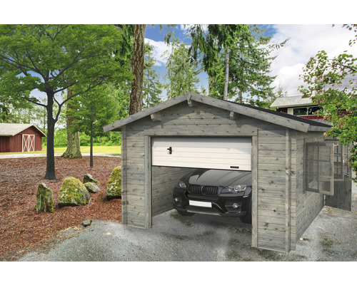 Garage simple Palmako Roger 19,0 m² avec portail sectionnel 360 x 550 apprêt par immersion gris