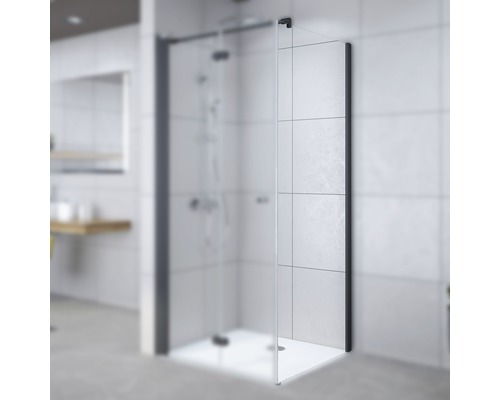 Paroi de douche à l''italienne avec verre et cadre noir dans une salle de bain