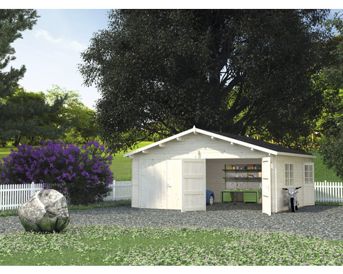 Garage double Palmako Roger 28,4 m² avec portes en bois 575 x 510 cm naturel