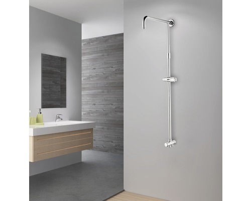 Salle de bain avec barre de douche, meuble sous-vasque et miroir