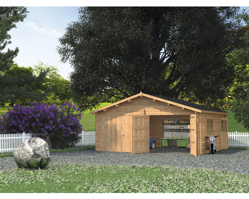 Garage double Palmako Roger 28,4 m² avec portes en bois 575 x 510 cm apprêt par immersion marron