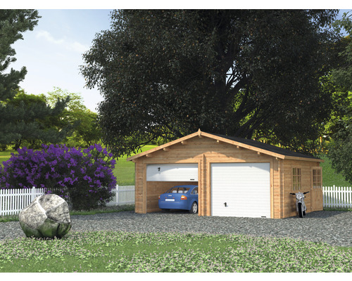 Garage double Palmako Roger 28,4 m² avec portails sectionnels 575 x 510 cm apprêt par immersion marron