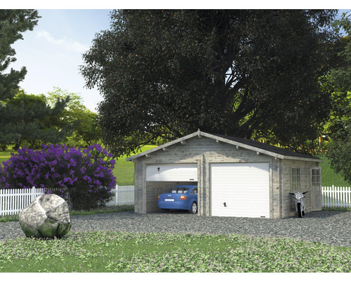 Garage double Palmako Roger 28,4 m² avec portails sectionnels 575 x 510 cm apprêt par immersion gris