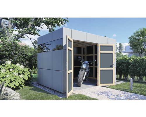 Abri de jardin moderne avec portes doubles ouvertes et moto dans le jardin