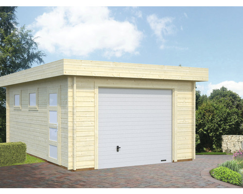 Garage simple Palmako Rasmus 19,0 m² avec portail sectionnel 360 x 550 cm naturel Garage en bois avec porte sectionnelle