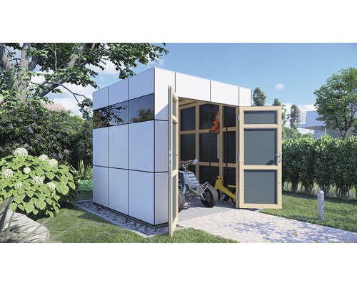 Abri de jardin Bertilo Design HPL 1 230 x 236 cm anthracite-blanc Scène de jardin avec abri à outils moderne en bois et métal