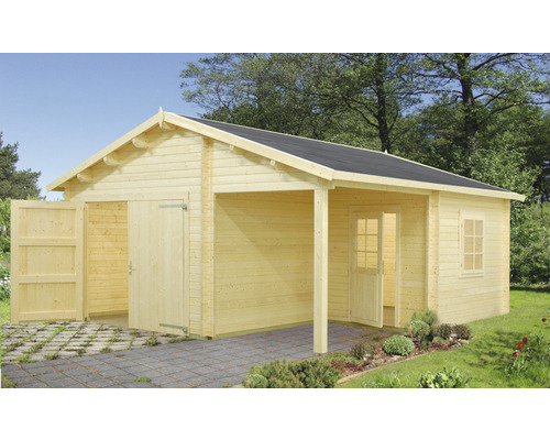 Garage simple Palmako Roger 21,9+5,2 m² avec porte en bois 510 x 550 cm naturel