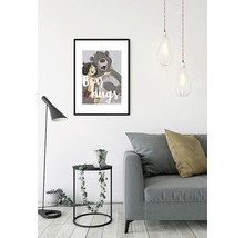 Image décorative avec l''ours Baloo et Mowgli avec le texte Câlins d''ours dans un salon.