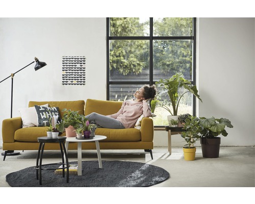 Salon avec canapé jaune, plantes d''intérieur et une personne détendue