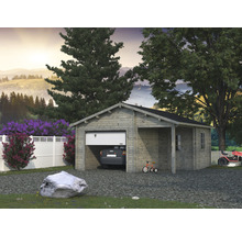 Gartenhaus mit Garage, Carport, Auto und Gartengeräten in ländlicher Umgebung
