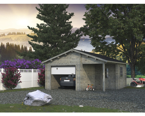 Garage simple Palmako Roger 21,9+5,2 m² avec portail sectionnel 510 x 550 cm apprêt par immersion gris