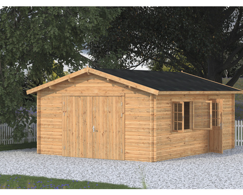 Garage simple Palmako Roger 23,9 m² avec porte en bois 450 x 550 cm apprêt par immersion marron