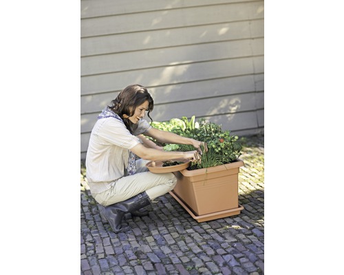 Eine Frau arbeitet im Garten mit einem Pflanzkasten voller Kräuter und Gemüse.