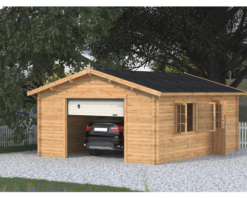 Garage simple Palmako Roger 23,9 m² avec portail sectionnel 450 x 550 cm apprêt par immersion marron