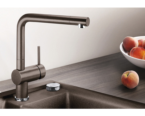 Küchenarmatur mit hohem Auslauf neben einer Spüle und einem Teller mit Pfirsichen