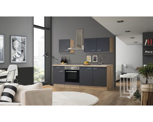 Bloc cuisine complète équipée Flex Well Tiago 210 cm façade gris basalte mate, corps chêne clair san remo variante réversible