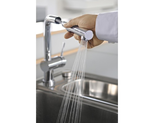 Hand hält Küchenarmatur mit Brause über Spüle