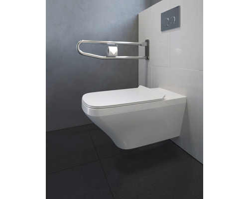 WC suspendu avec barre d''appui pour plus de confort et de sécurité dans la salle de bains.