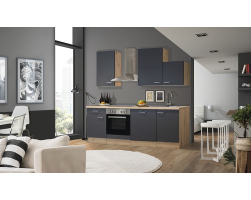 Bloc cuisine complète équipée Flex Well Tiago 220 cm façade gris basalte mate, corps chêne clair san remo variante réversible démonté