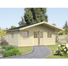 Gartenhaus aus Holz mit Fenstern und Doppeltür im Garten